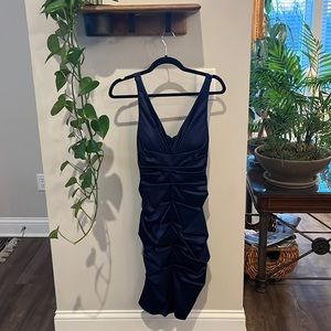 Xscape by Joanna Chen. Ruched, satin, low V, knee length